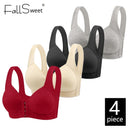 Fallsweet 4PCS Wire-Free Front Closure Bra for Women Solid Full Coverage Fixed Cup Comfortable Brassiere for Middle-Aged Mom