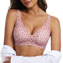 Women Seamless Leopard Print Push Up Bra Deep V Wireless Full Coverage Thin Cup Breathable Comfort Lift Support Plus Size Bra