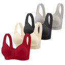 Fallsweet 4PCS Wire-Free Front Closure Bra for Women Solid Full Coverage Fixed Cup Comfortable Brassiere for Middle-Aged Mom